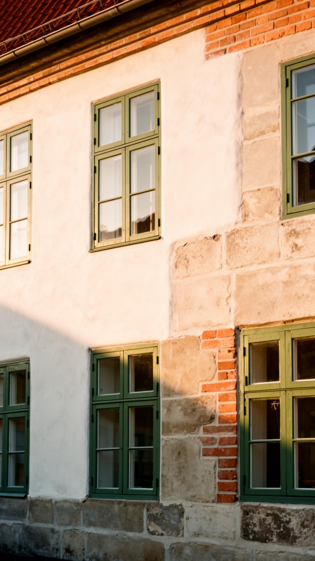 Restaureret fredet dansk facade med kalkpuds og traditionelle vinduer i morgenlys